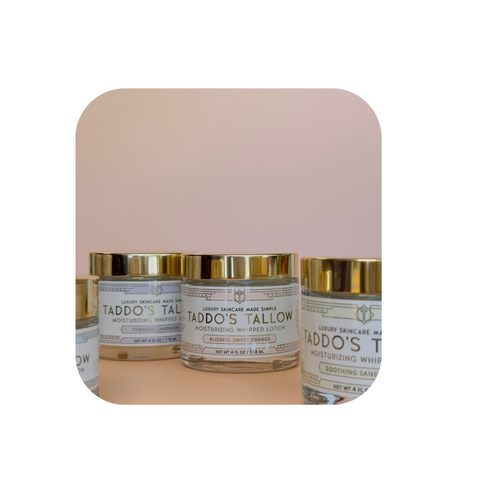 Taddo's Tallow whipped face and body butter in scents of lavender, sweet orange, sandalwood and unscented